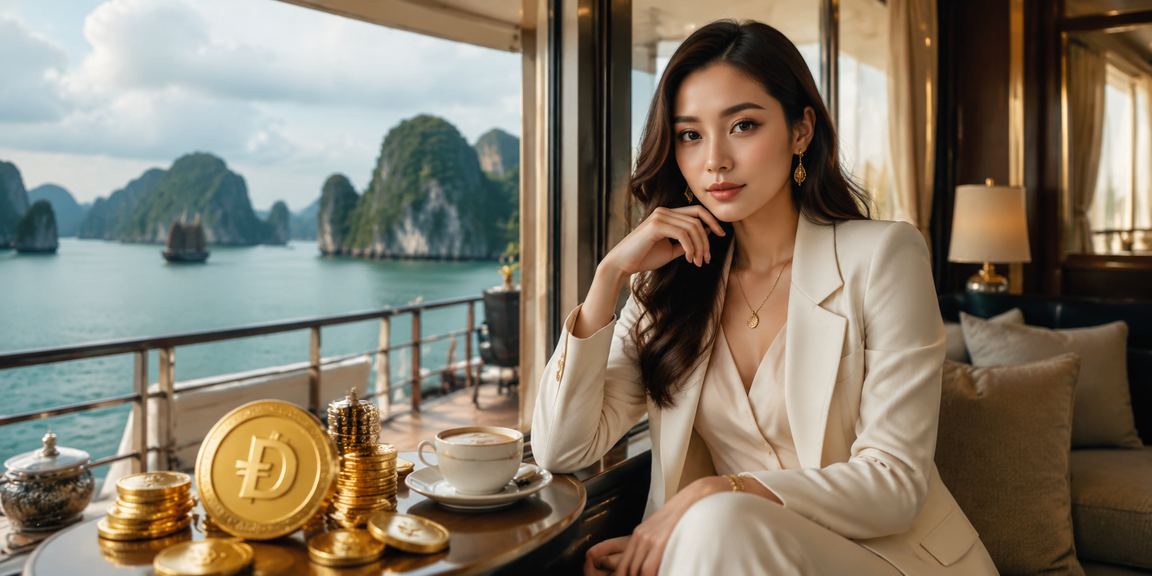 Cảnh vịnh Hạ Long buổi sáng, người dùng nhâm nhi cà phê và kiểm tra tài khoản casino